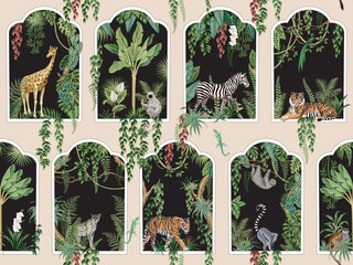 Tiger, giraffe, zebra, leopard, sloth, lemur, monkey animal, lizard, banana tree, tropical palms, plant, liana,  flower, window seamless pattern. Exotic botanical jungle wallpaper.