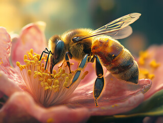 Naklejka premium A close-up of a bee pollinating a pink flower in a vibrant garden setting.