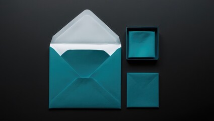 Old blue crumpled carton cardboard paper envelope displayed in both open and closed positions, front and back view, isolated against a black background.