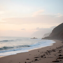 A tranquil and breathtaking coastal scene at dawn, capturing the serene beauty of an untouched shoreline bathed in golden morning light. 