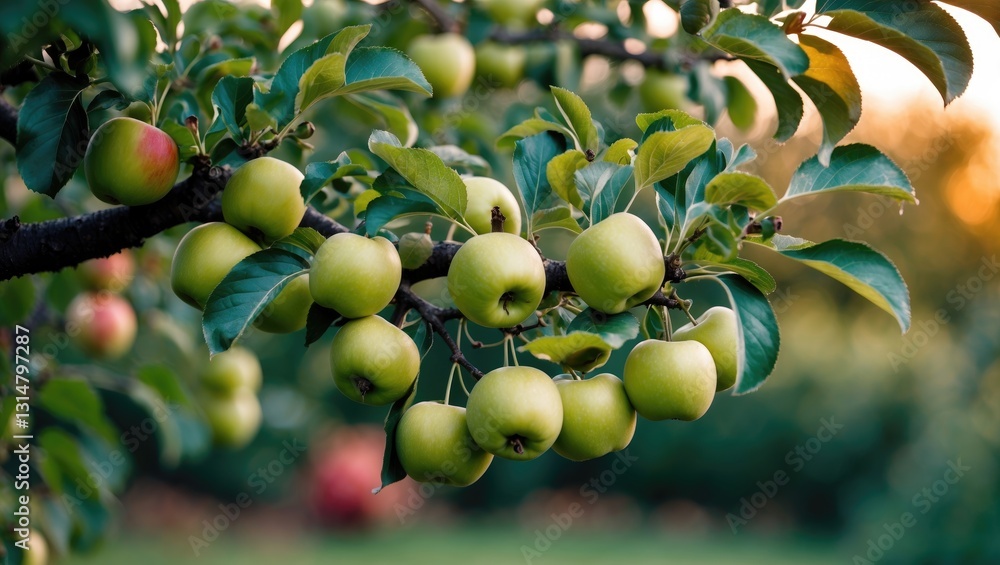 Poster green apples on the branch of the tree up close against the backdrop of the garden. selective focus.