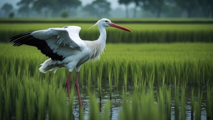 Fototapeta premium A stork of white color standing in a rice field.