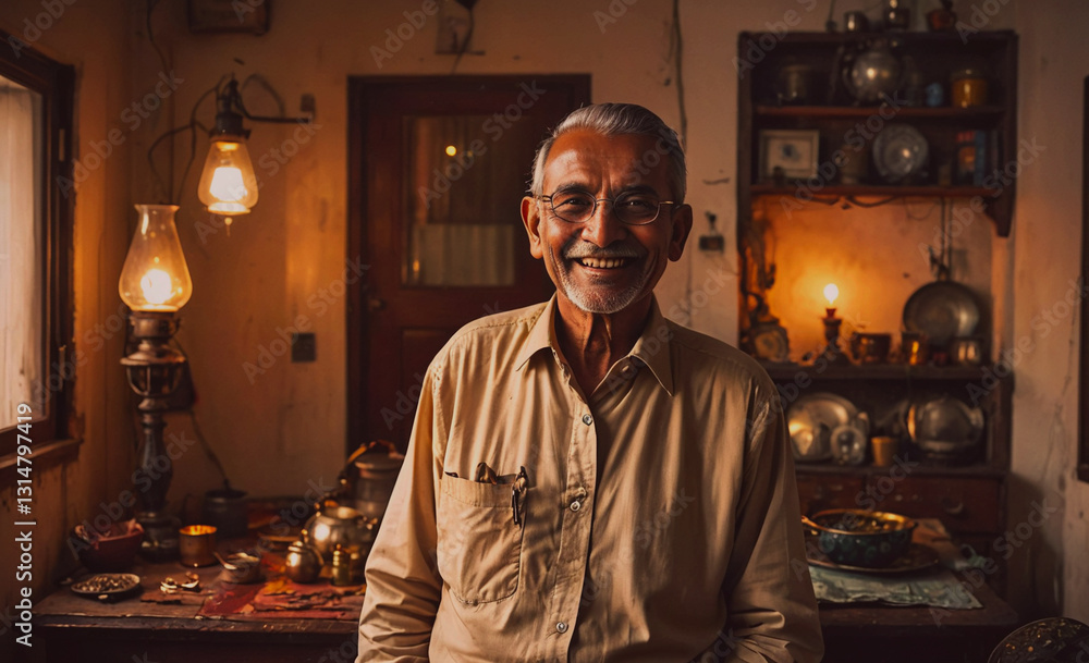 Poster man is smiling in a kitchen with a table and a lamp. scene is warm and inviting