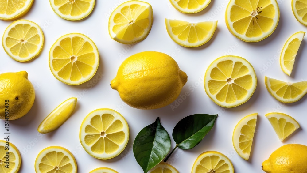 Poster a collection of sliced lemon isolated on a background. top view.