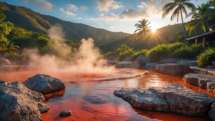 A vibrant landscape view of hot spring park. The setting resembles a prehistoric forest.