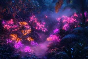 Fototapeta premium A surreal scene depicting neon plants emerging from a gentle mist, their bioluminescent light illuminating hidden paths