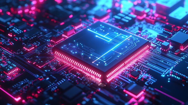Realistic close-up animation of a high-tech AI processor chip with pulsating neon circuits embedded in an advanced quantum computing system 