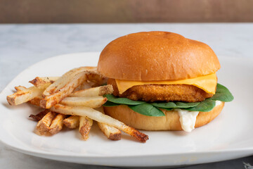 chicken patty  with  french fries and pickle