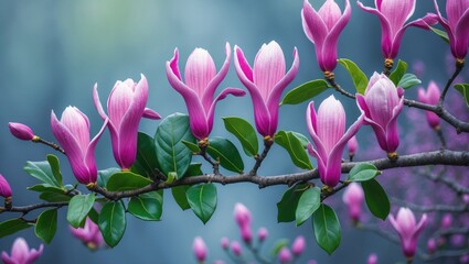 Obraz premium Branch featuring purple magnolia with various flowers and buds.