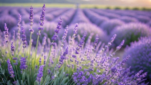 Fototapeta Blooming lavender field. Close-up of lavender sprigs against a blurred backdrop. Essential oil cultivation. Aromatherapy theme. Lavender oil. Cosmetology.