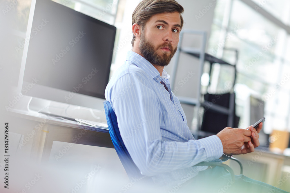 Poster Man, thinking and professional with phone in office, event coordinator and online to help client. Planning, male person and business chat at creative agency, communication and website for email