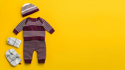 Baby Winter Clothes Flat Lay Maroon Striped Sweater Knitted Hat and Mittens on Vibrant Yellow Background with Copy Space