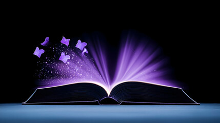 An Open Antique Book With Glowing Purple Light And Magical Purple Sparkles In A Dark Enchanting Setting