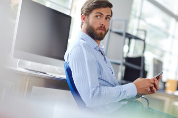 Man, thinking and professional with phone in office, event coordinator and online to help client....