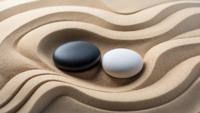 Yin and Yang symbol representing dualism in ancient philosophy, where opposing forces complement each other. Like light and dark, fire and water, male and female. A round black and white stone.
