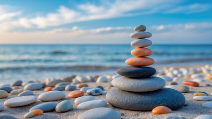 Symbolic scales of stones against the backdrop of the sea and blue sky. Concept of balance and harmony in life. Pros and cons idea.