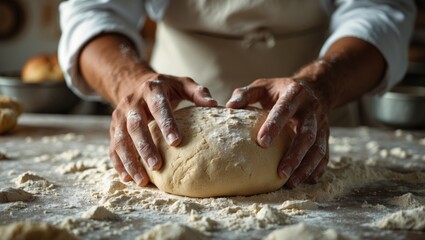 Fototapeta premium Cinematic close-up of a professional artisan baker chef preparing a loaf of dough for making pasta, pizza, and other pastries in a rustic kitchen.
