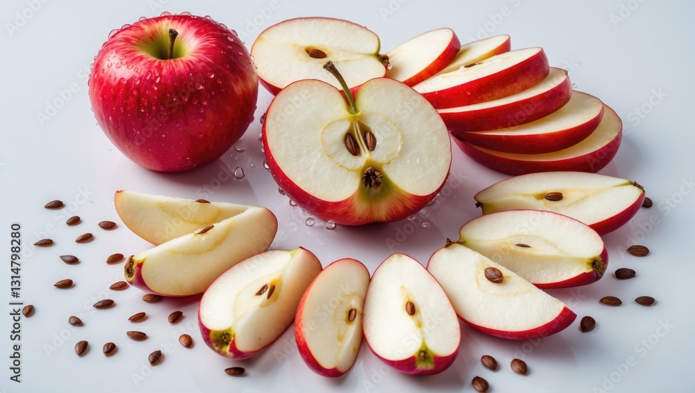 Poster red apple with water droplets and sliced pieces arranged on a background. clipping path.