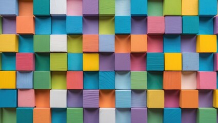 Mosaic of colored wooden blocks isolated on a white background. Spectrum of colored cubes. Selection of colors, color concept backdrop. Arrangement of wooden blocks in various colors.