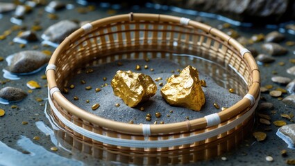 Pure gold ore displayed in a basket along with gravel and sand against a rocky backdrop.