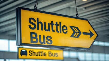 Sign indicating direction to shuttle bus station at the airport for passengers looking to transfer from airport for travel. Connecting transportation for convenient travel.