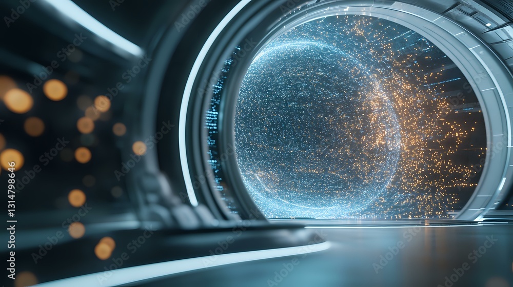 Poster futuristic tunnel corridor with glowing blue and orange particles floating in space. sci-fi gateway 