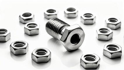 One metal screw and nuts isolated on a white background.