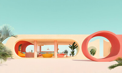 Modern Home Interior with Vibrant Colors and Unique Shapes