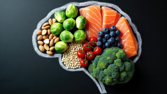 Chalk-drawn image of a brain filled with various foods for brain health and good memory, including fresh fish, vegetables, nuts, and berries on a black backdrop. Foods to enhance brain power, viewe...