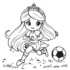 Princess playing soccer black white background. coloring book