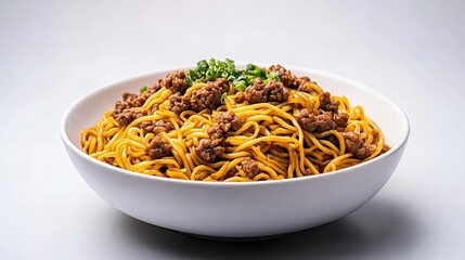 A delicious bowl of noodles topped with savory minced meat and fresh green onions.  The perfect comfort food!