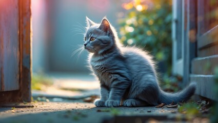 Naklejka premium A gloomy grey kitten looking outside.