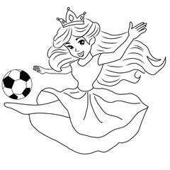 Princess playing soccer black white background. coloring book