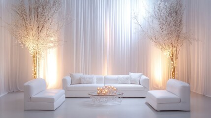 Minimalist easy New Year decor, clean white backdrops, subtle lighting, and sleek metallic highlights