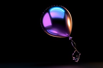Metallic balloon with iridescent purple and blue reflections floating on black background, dramatic lighting creates futuristic mood. Suitable for celebration designs.