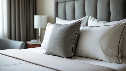 A close-up of a hotel room featuring neatly arranged pillows on a textured headboard, emphasizing soft, natural hues and inviting comfort in a modern, elegant setting.