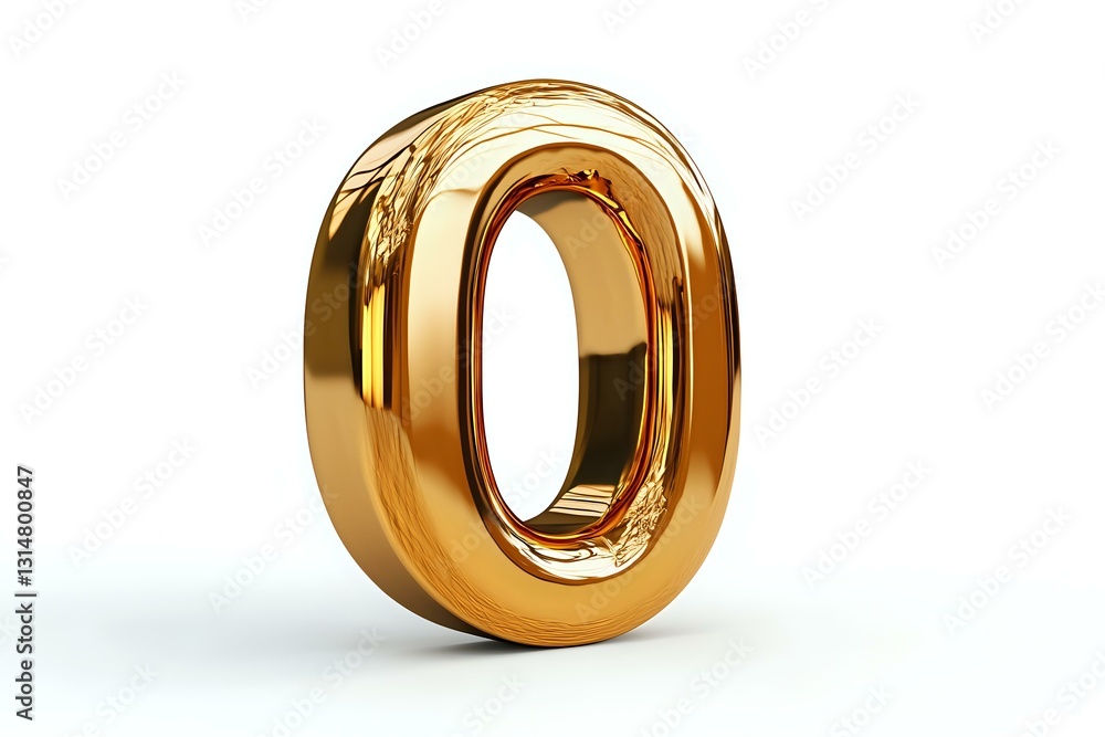 Poster golden metallic number zero on white background, glossy reflective surface with realistic lighting e