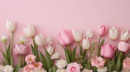 Fototapeta premium Beautiful background template made of Spring flowers.
