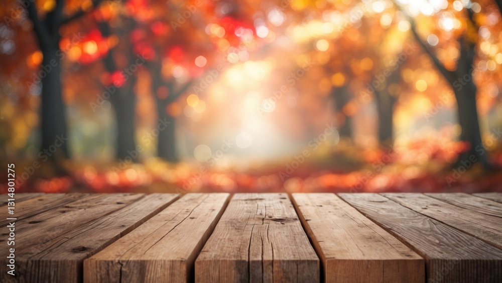 Poster empty brown wooden table in front of abstract bokeh background of autumn trees with sunlight shining