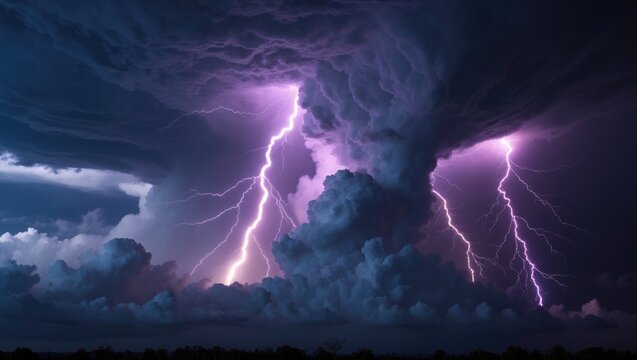 Night sky displaying various lightning in natural colors.
