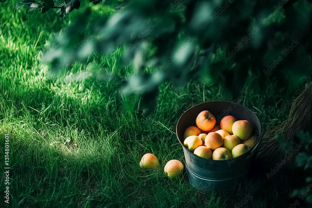 Poster bright fallen apples lie scattered on lush green grass, accompanied by a rustic bucket brimming with