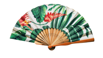 Elegant hand fan showing tropical plants and bird design on transparent background