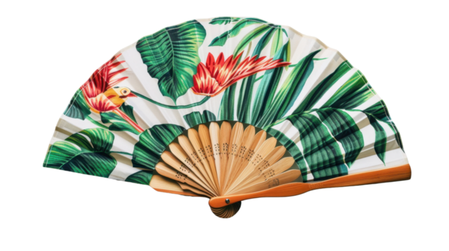 Elegant hand fan showing tropical plants and bird design on transparent background