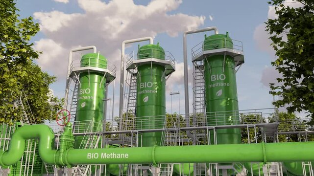 Modern facility is intended to convert organic materials into methane gas. Conceptual green technologies. Time lapse. 3D rendering.