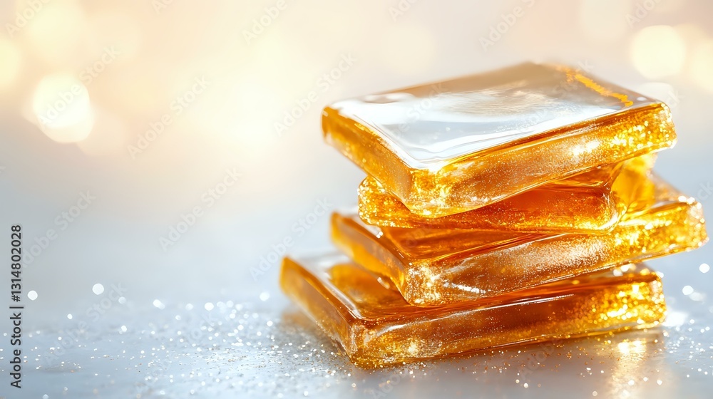 Poster Stack of golden caramel candy pieces with shimmering sugar crystals on light background with bokeh effect, close-up view showing transparent layers and texture.