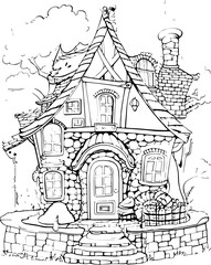 Naklejka premium cupcake house, coloring page, house, city, town, building, vector, illustration, architecture, home, drawing, sketch, street, cartoon, urban, design, vintage, seamless, old, art, tree, castle, pattern