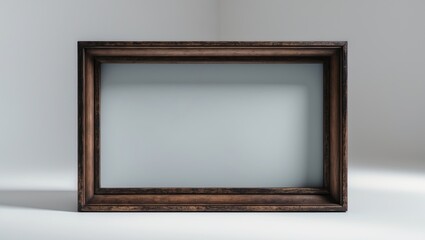 Rectangular photo frame. Vintage-style old wooden frame, featuring an empty area and a plain background.