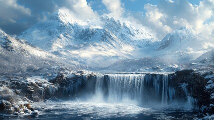 A stunning landscape featuring a majestic waterfall cascading down snowy mountains under a bright blue sky with fluffy clouds.