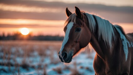 Obraz premium Portrait of stunning horses against a winter sunset field backdrop. Nature. Sunset backlight.