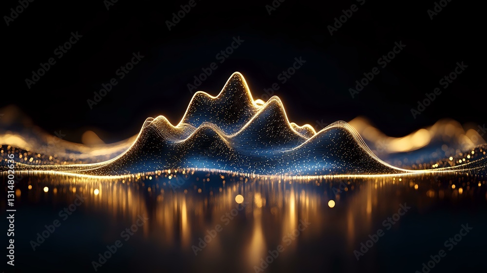 Poster abstract golden mountain range visualization with glowing particles and light reflection on dark bac